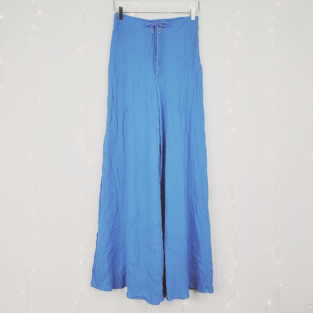 Show Me Your Mumu Pierre Blue High Waist Wide Leg High Slit Viscose Pant Medium